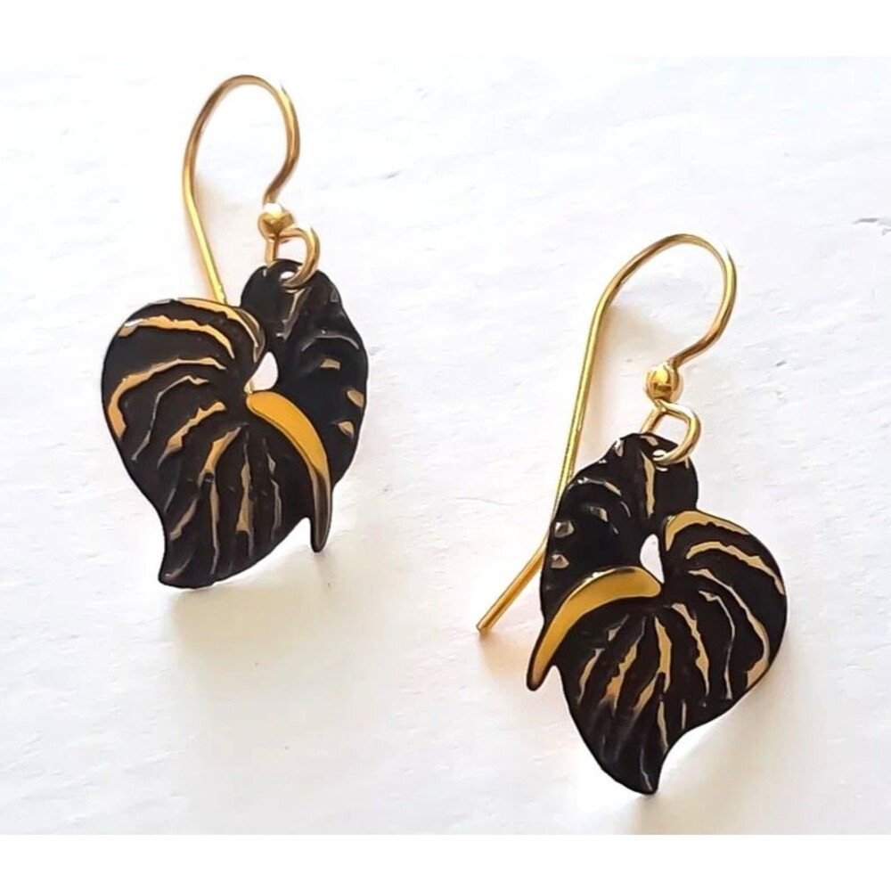 Leighton Lam Pahoa Anthurium Earrings Hook Dangle Drop 18k Gold Finish Signed